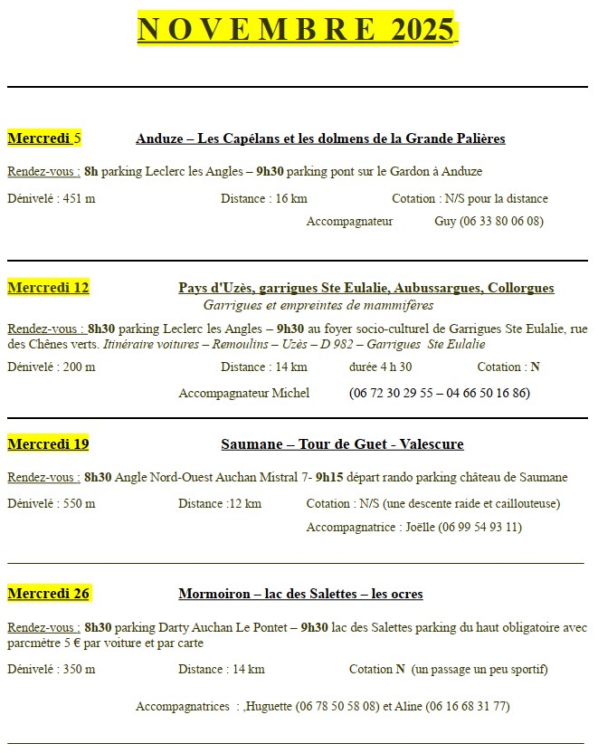 Planning des randonnées